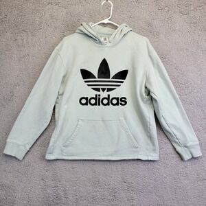 Adidas Trefoil Sweater Women Medium Mint Green Black Velvet Logo Hoodie Pullover